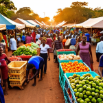 **Prompt:** Bustling Lusaka City Market, vibrant colors, fresh produce, diverse vendors, crowded scene, authentic Zambian atmosphere, golden hour lighting, photojournalistic style.