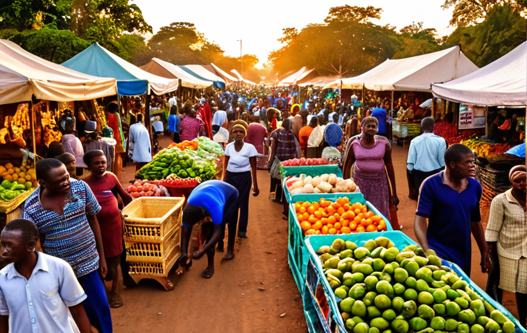 **Prompt:** Bustling Lusaka City Market, vibrant colors, fresh produce, diverse vendors, crowded scene, authentic Zambian atmosphere, golden hour lighting, photojournalistic style.