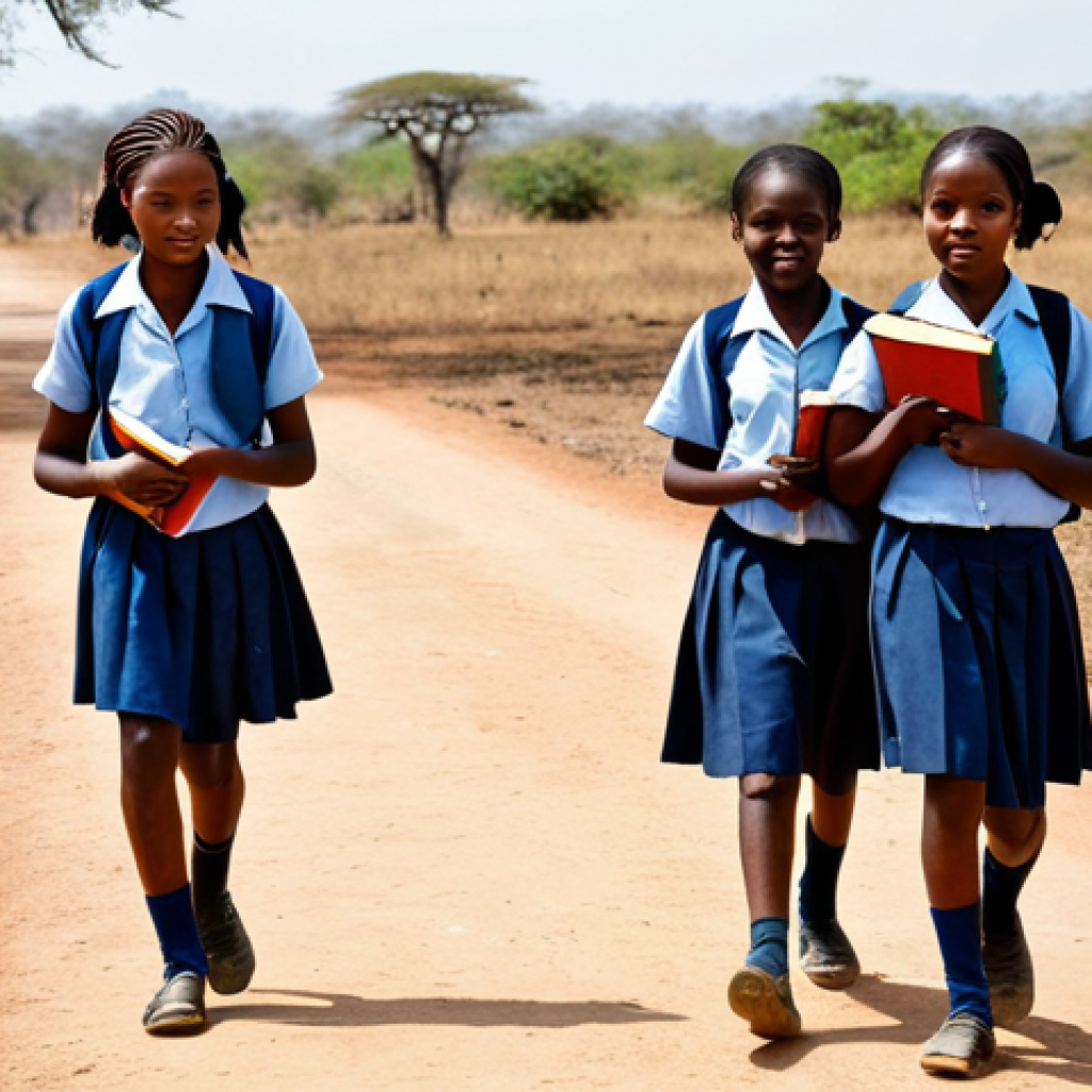 **

A group of Zambian schoolgirls in simple uniforms, some holding books, walking to school in a rural area. The background shows a typical Zambian landscape with dry vegetation and a dirt road. The image should convey determination and hope despite the challenges they face. Focus on capturing the vibrant colors of their uniforms against the backdrop.

**