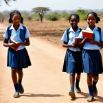 **

A group of Zambian schoolgirls in simple uniforms, some holding books, walking to school in a rural area. The background shows a typical Zambian landscape with dry vegetation and a dirt road. The image should convey determination and hope despite the challenges they face. Focus on capturing the vibrant colors of their uniforms against the backdrop.

**