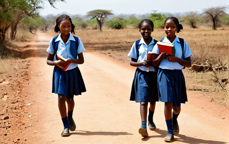 **
A group of Zambian schoolgirls in simple uniforms, some holding books, walking to school in a rural area. The background shows a typical Zambian landscape with dry vegetation and a dirt road. The image should convey determination and hope despite the challenges they face. Focus on capturing the vibrant colors of their uniforms against the backdrop.
**