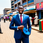 A confident young Zambian entrepreneur, male or female, dressed in a professional yet culturally inspired modest business suit, stands on a vibrant, bustling street in Lusaka. In the background, modern office buildings and a glimpse of a lively traditional market stall are visible, symbolizing the city's blend of progress and heritage. The person looks forward with optimism, embodying the entrepreneurial spirit of the city. Perfect anatomy, correct proportions, natural pose, well-formed hands, proper finger count. Professional photography, high quality, fully clothed, appropriate attire, modest, safe for work, appropriate content.