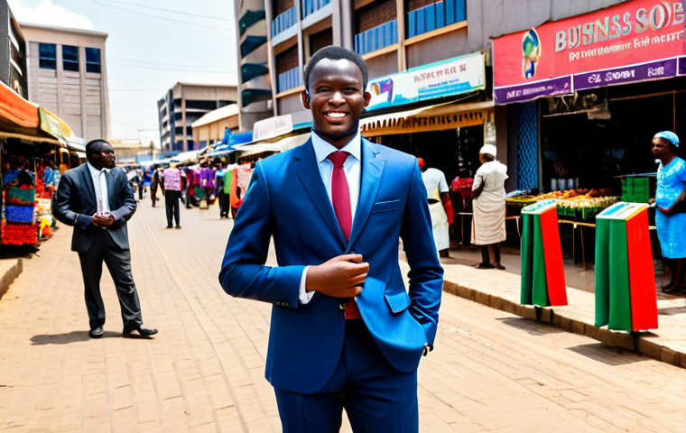 A confident young Zambian entrepreneur, male or female, dressed in a professional yet culturally inspired modest business suit, stands on a vibrant, bustling street in Lusaka. In the background, modern office buildings and a glimpse of a lively traditional market stall are visible, symbolizing the city's blend of progress and heritage. The person looks forward with optimism, embodying the entrepreneurial spirit of the city. Perfect anatomy, correct proportions, natural pose, well-formed hands, proper finger count. Professional photography, high quality, fully clothed, appropriate attire, modest, safe for work, appropriate content.