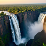 The majestic Victoria Falls, with its powerful "Smoke That Thunders" rising high above the deep gorge, captured from a high aerial perspective. The Zambezi River flows towards the vast curtain of water, with a distant glimpse of an elephant herd on the lush green riverbanks. The scene is bathed in the warm, golden light of a late afternoon sunset, professional landscape photography, high detail, natural light, stunning atmospheric effects, perfect anatomy, correct proportions, natural pose, safe for work, appropriate content, fully clothed, family-friendly.