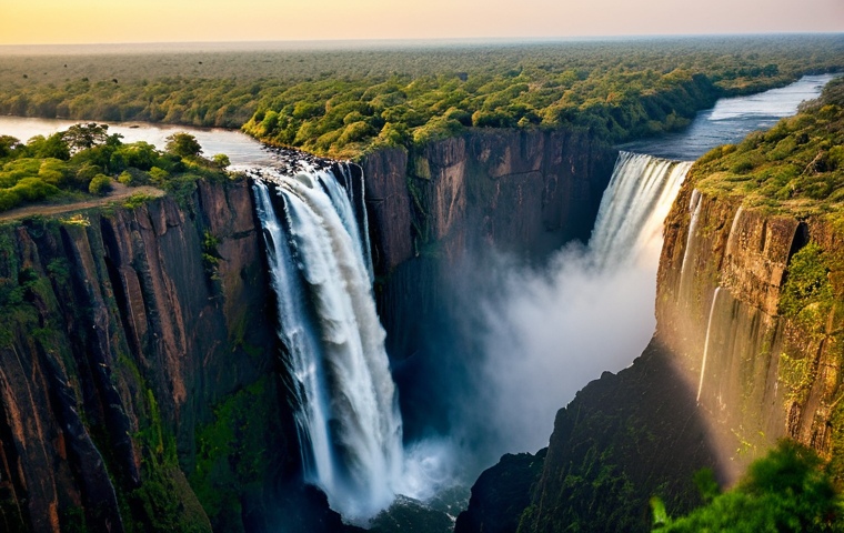 The majestic Victoria Falls, with its powerful "Smoke That Thunders" rising high above the deep gorge, captured from a high aerial perspective. The Zambezi River flows towards the vast curtain of water, with a distant glimpse of an elephant herd on the lush green riverbanks. The scene is bathed in the warm, golden light of a late afternoon sunset, professional landscape photography, high detail, natural light, stunning atmospheric effects, perfect anatomy, correct proportions, natural pose, safe for work, appropriate content, fully clothed, family-friendly.