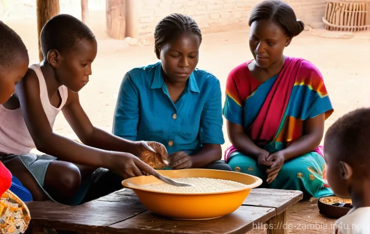 잠비아 전통 요리 - **A warm, inviting scene of a Zambian family and friends gathered around a large, steaming bowl of N...
