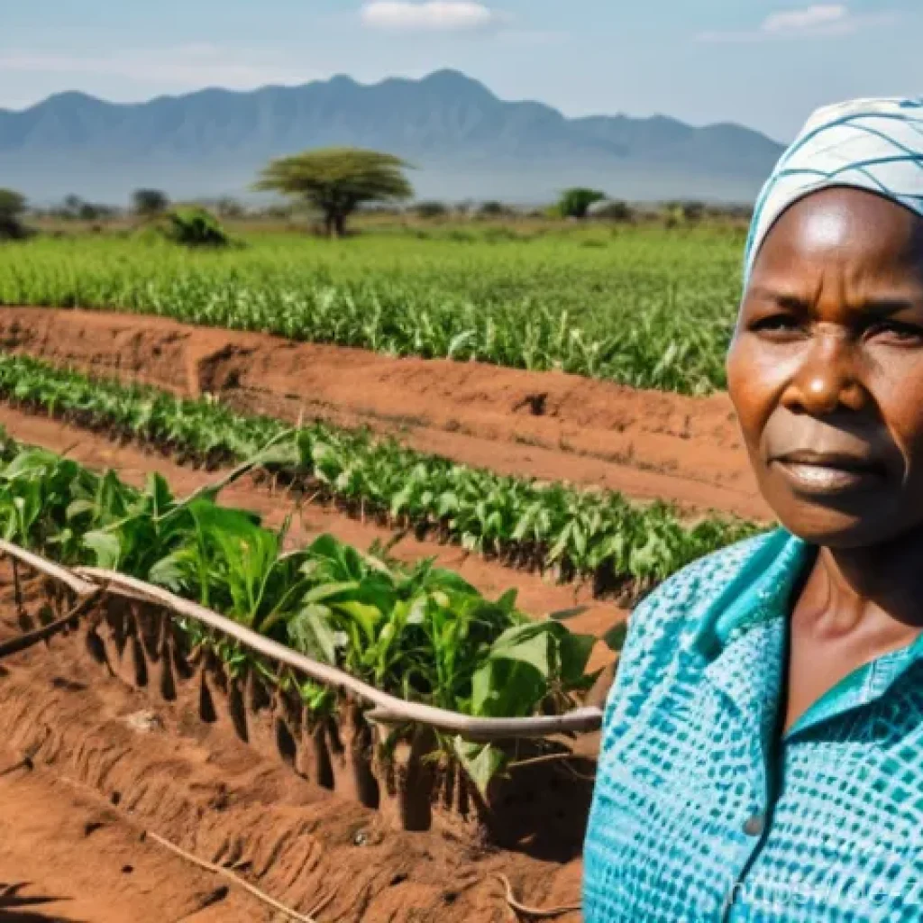 잠비아 농업 경제 - **Prompt:** A resilient Zambian female farmer, in her 40s, with a determined expression, stands amid...