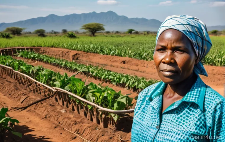 잠비아 농업 경제 - **Prompt:** A resilient Zambian female farmer, in her 40s, with a determined expression, stands amid...