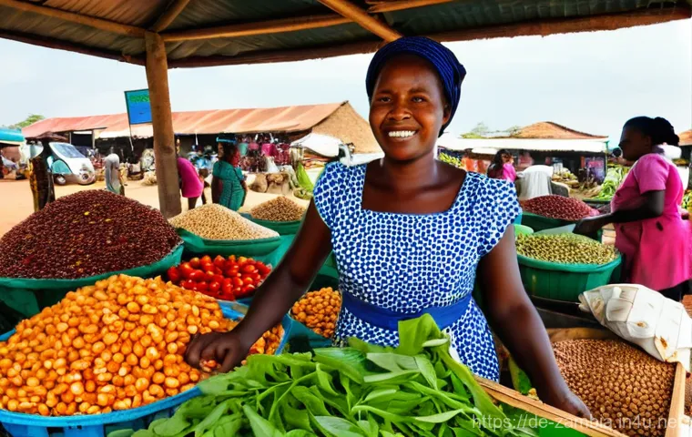 잠비아 농업 경제 - **Prompt:** A resilient Zambian female farmer, in her 40s, with a determined expression, stands amid...