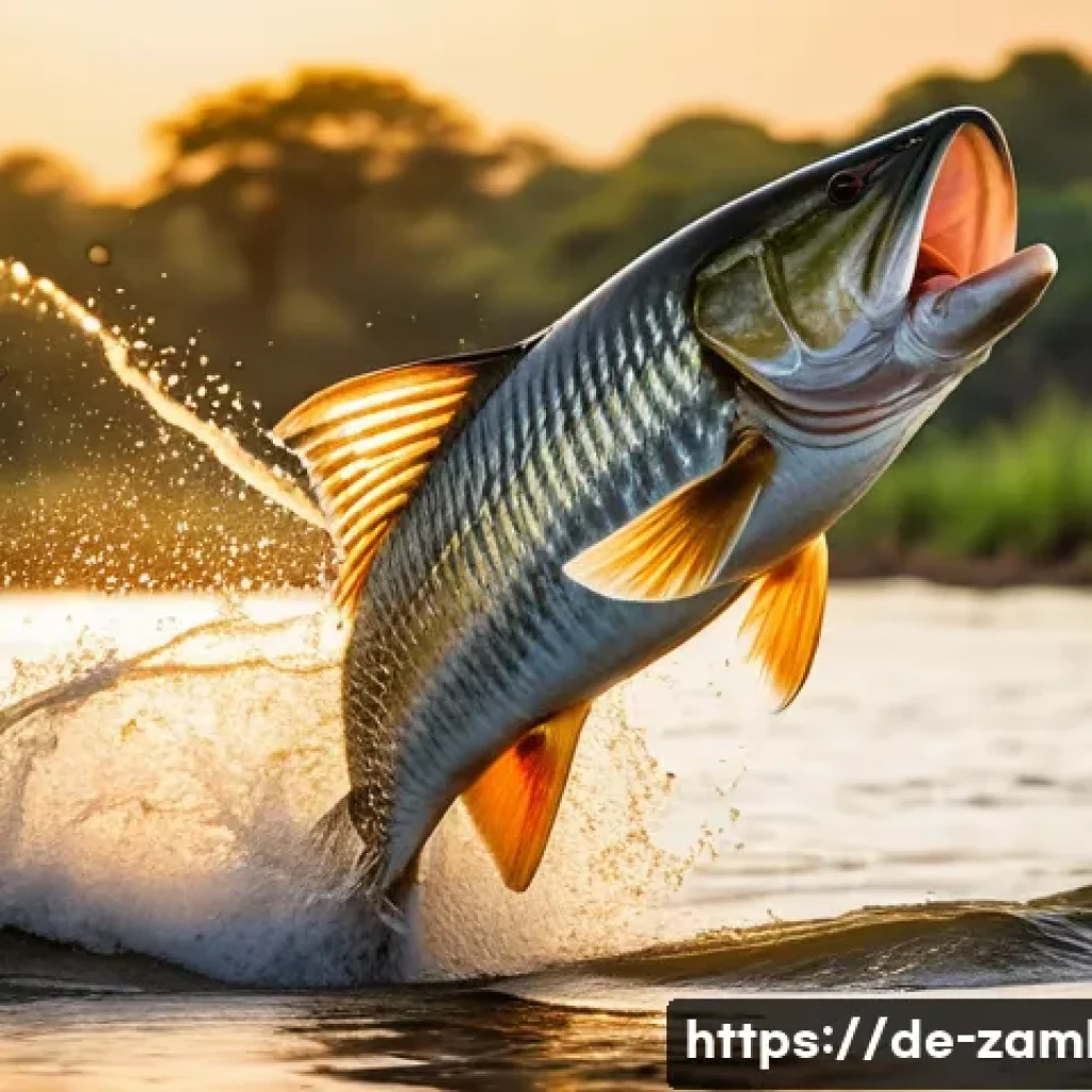 잠비아 낚시 관광 - **"Dynamic Shot of Tigerfish Leaping from Zambezi River"**
    A highly detailed, action-packed phot...