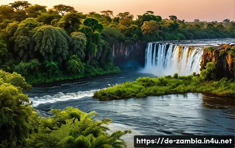 잠비아 주요 강과 호수 - A panoramic view of the Zambezi River in southern Zambia during sunset, featuring the dramatic Victo...