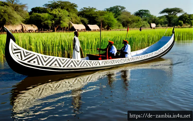 잠비아 축제 및 행사 - Photorealistic wide-angle scene of Zambia’s Kuomboka ceremony on the Zambezi floodplain, a grand tra...