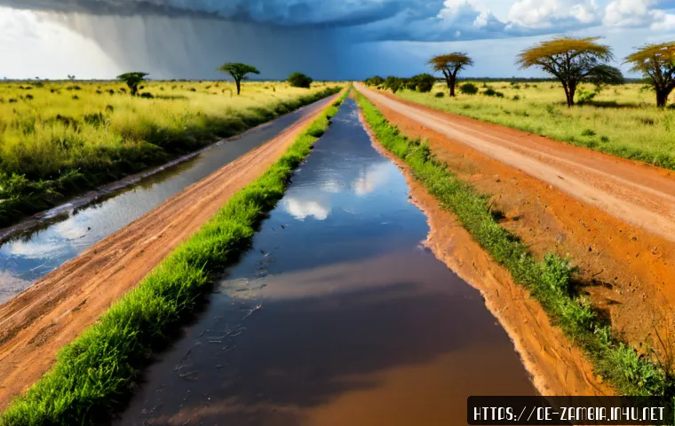 Home 17 잠비아 건기와 우기 - Photorealistic split-season landscape in Zambia, a clear central dirt road dividing dry season on on...
