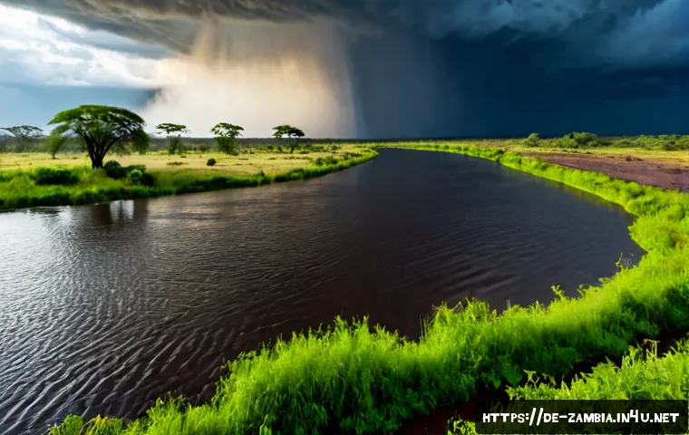 잠비아 기후 특징 - Photorealistic wide landscape of Zambia during the rainy season, lush green savanna surrounding a br...