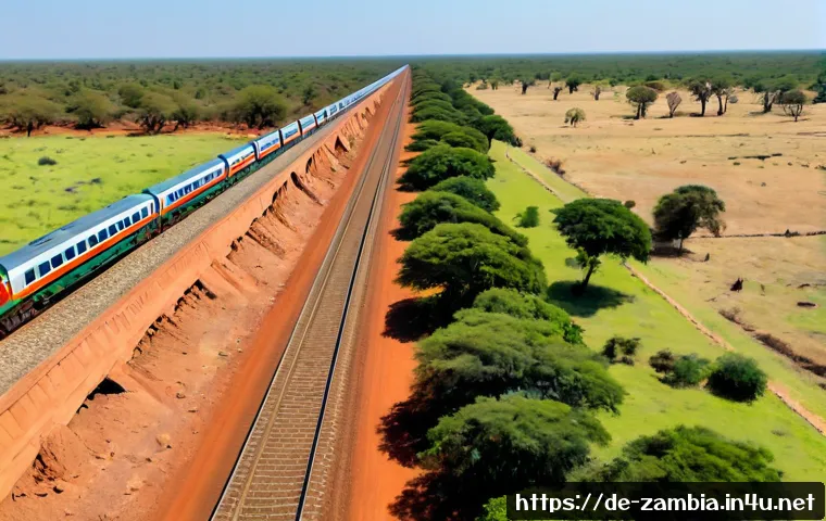 잠비아 기차 노선 - Photorealistic wide view of a passenger train traveling through the Zambian countryside near Lusaka,...