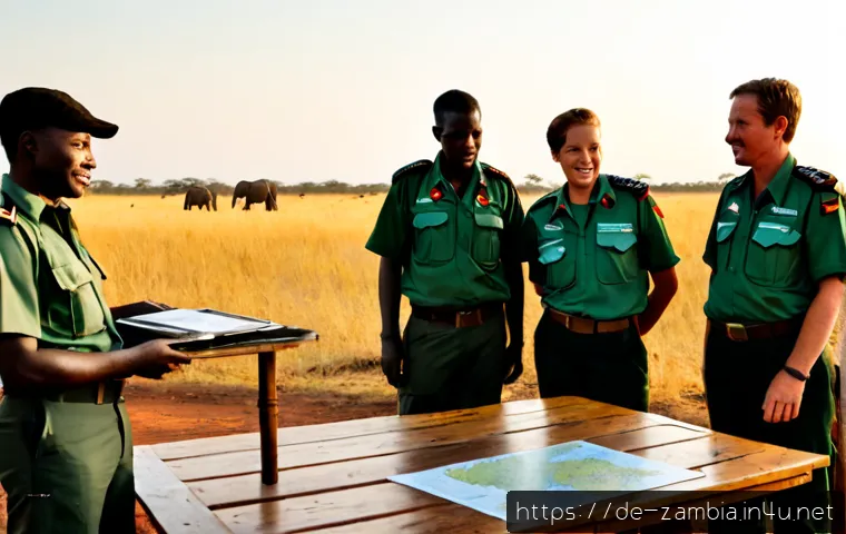 잠비아 국립공원 정책 - Photorealistic conservation policy meeting in Zambia’s savanna national park, a diverse group of Zam...