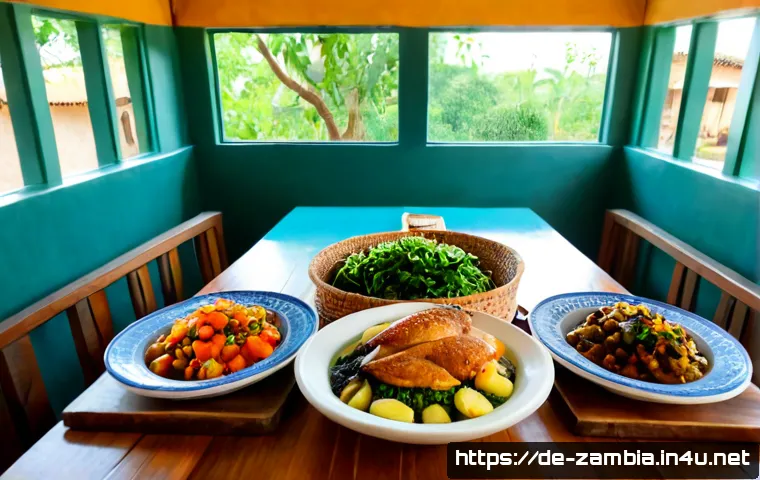 Home 30 잠비아 전통 요리 맛집 - Photorealistic interior of a welcoming traditional Zambian restaurant, a large wooden table set with...